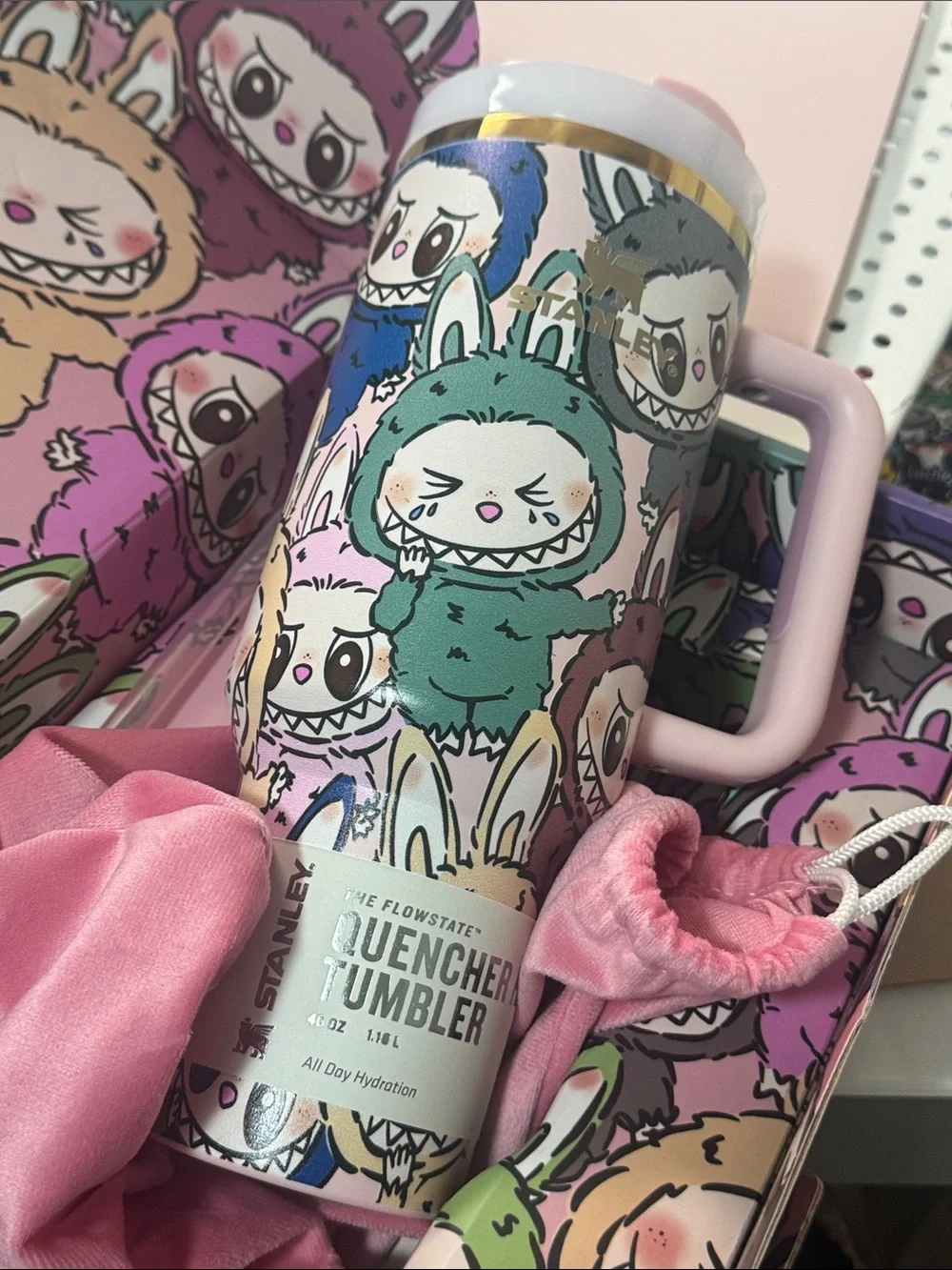 Stanley Pink LoveShackFancy Labubu Monsters NIB tumbler w dust bag, straw, box.